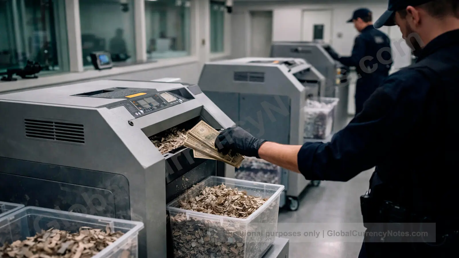 Banknotes are withdrawn from circulation through secure destruction using industrial shredding