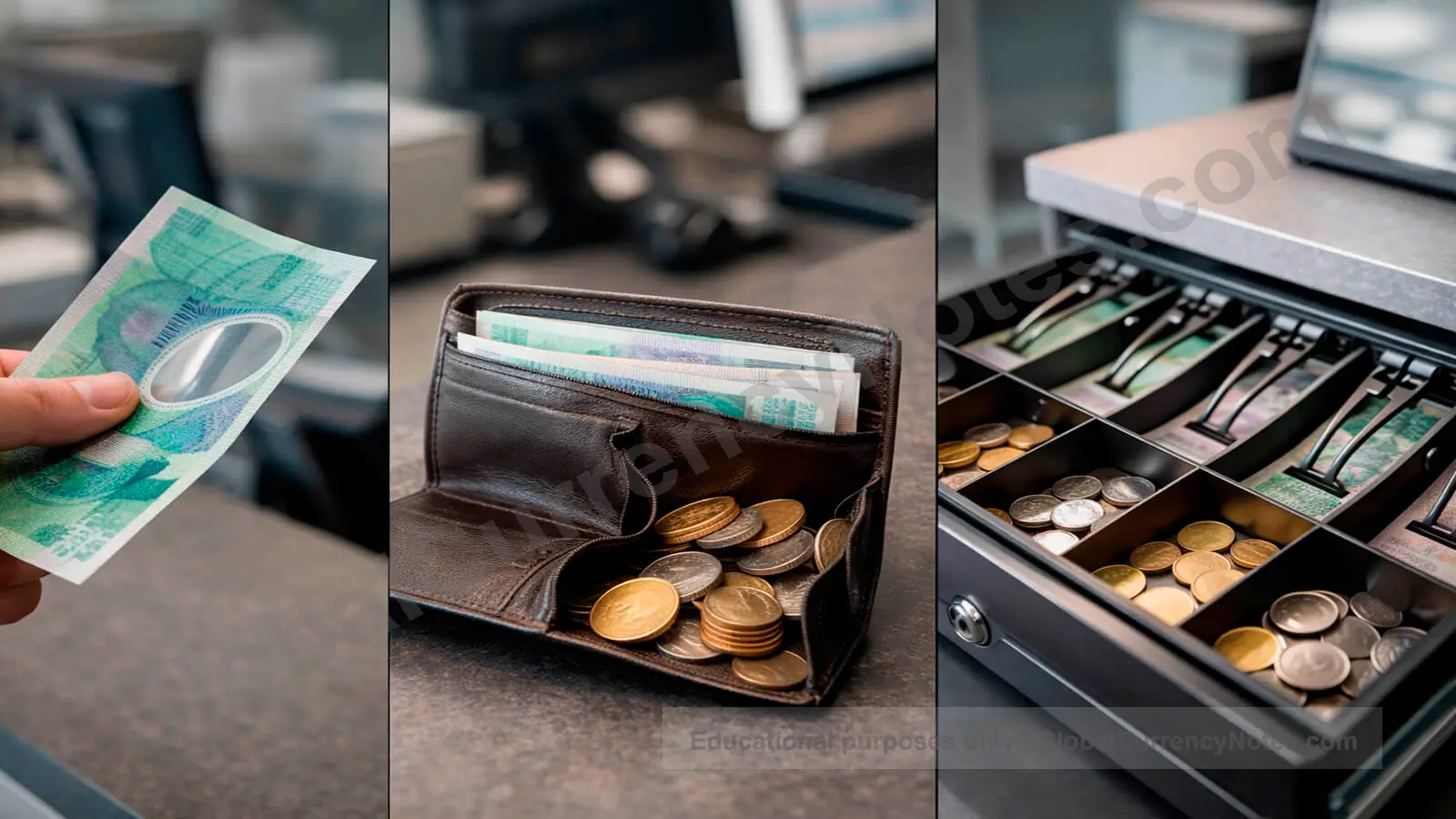Banknotes vs coins everyday usage showing cash payments wallet storage and register drawer