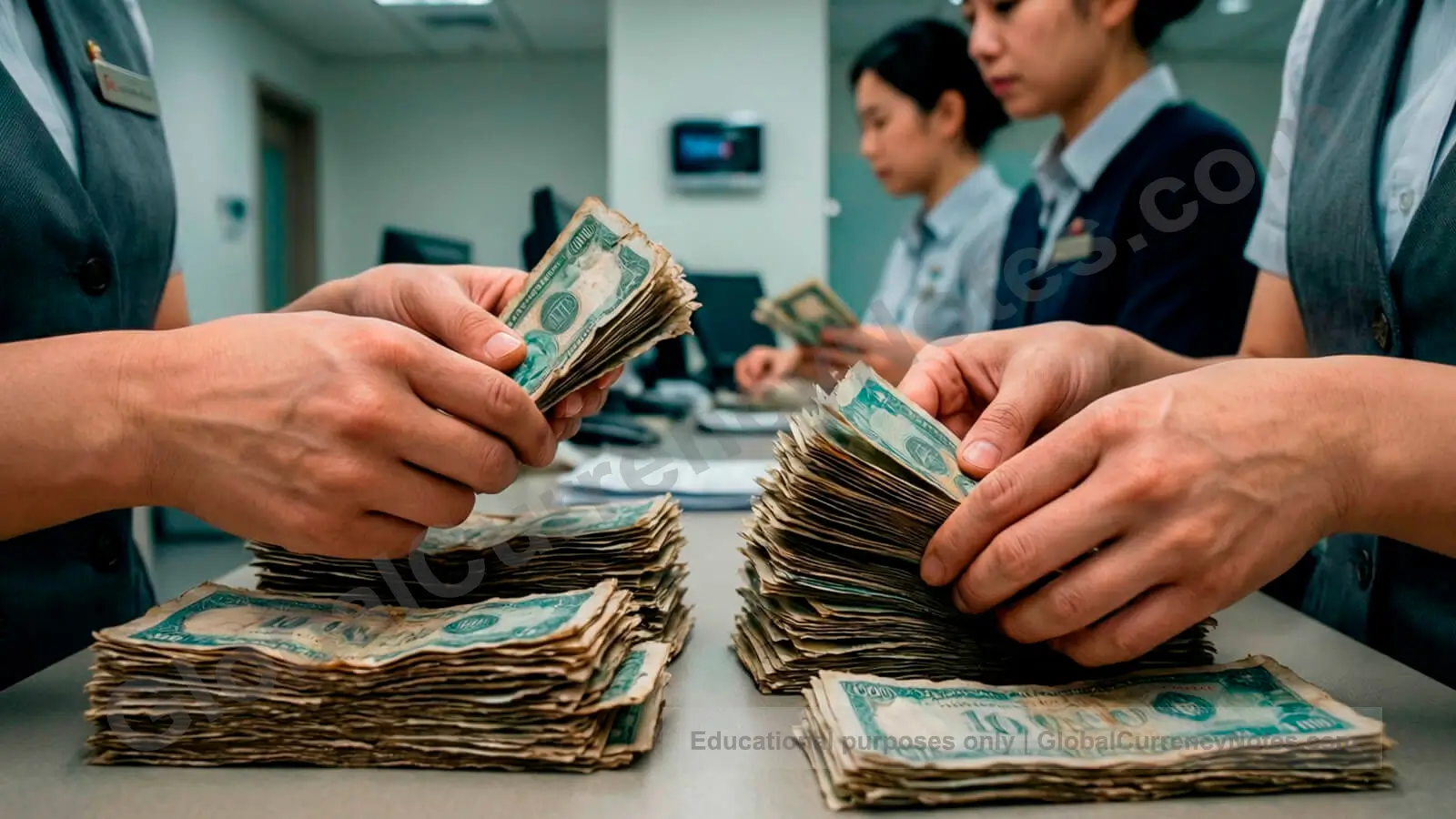 Banknotes are withdrawn from circulation by bank employees sorting worn currency