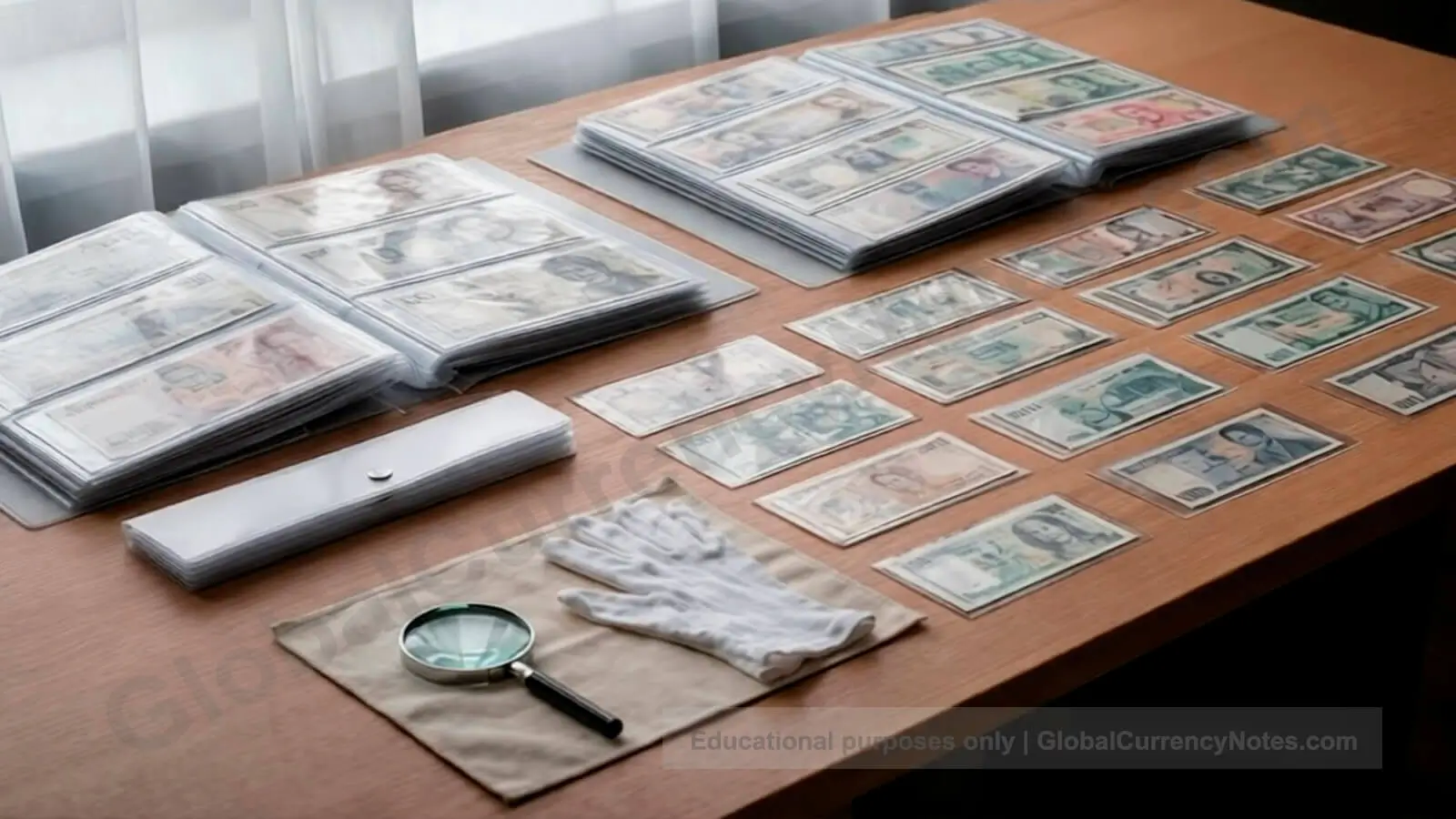 Store and handle banknotes properly using archival-quality protective sleeves and flat storage surfaces