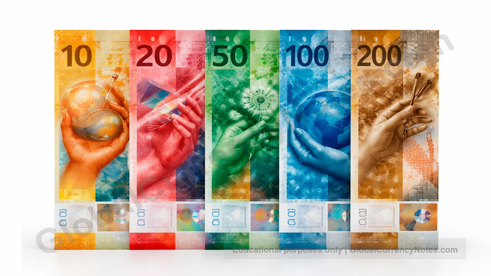 Swiss franc banknotes showing vertical design and security features