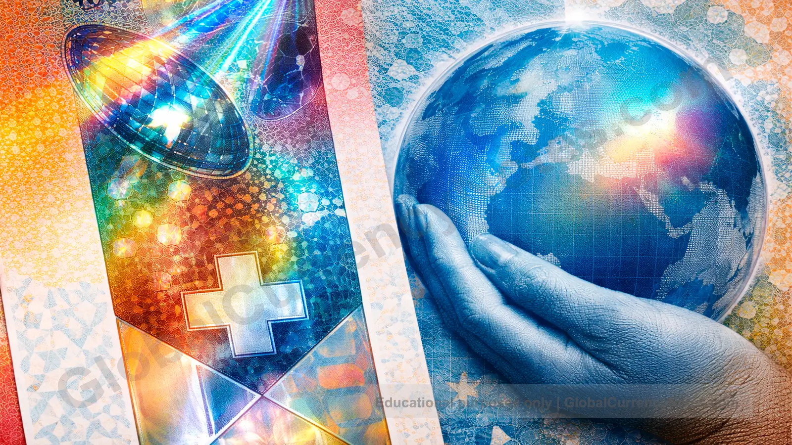 Close-up of Swiss franc banknotes security features and vertical design