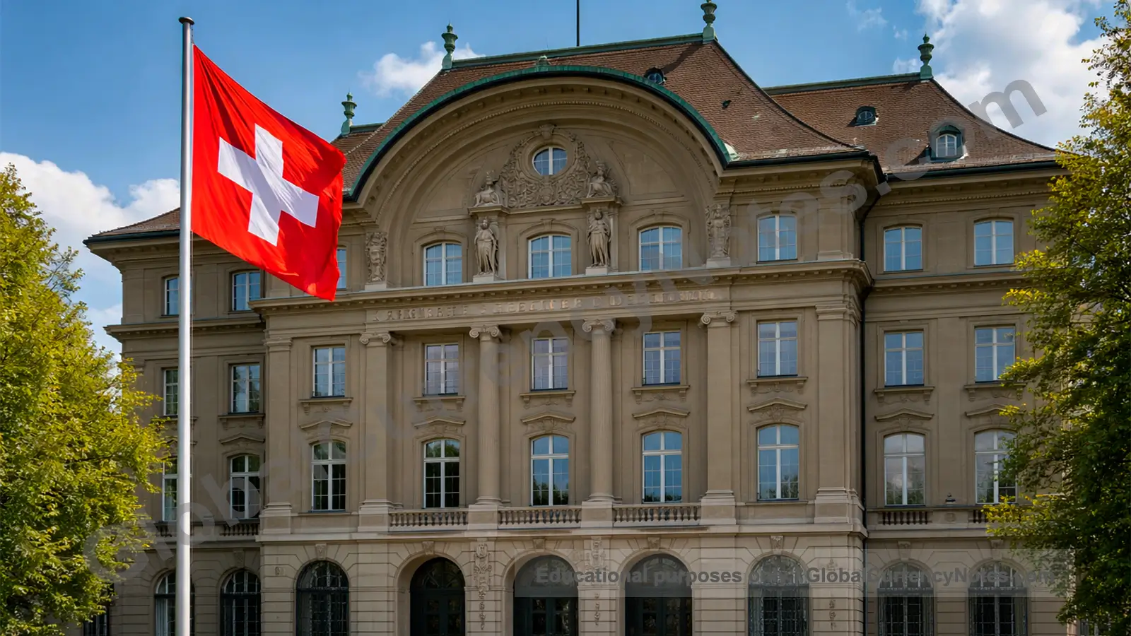 Swiss National Bank building and Swiss franc banknotes currency security