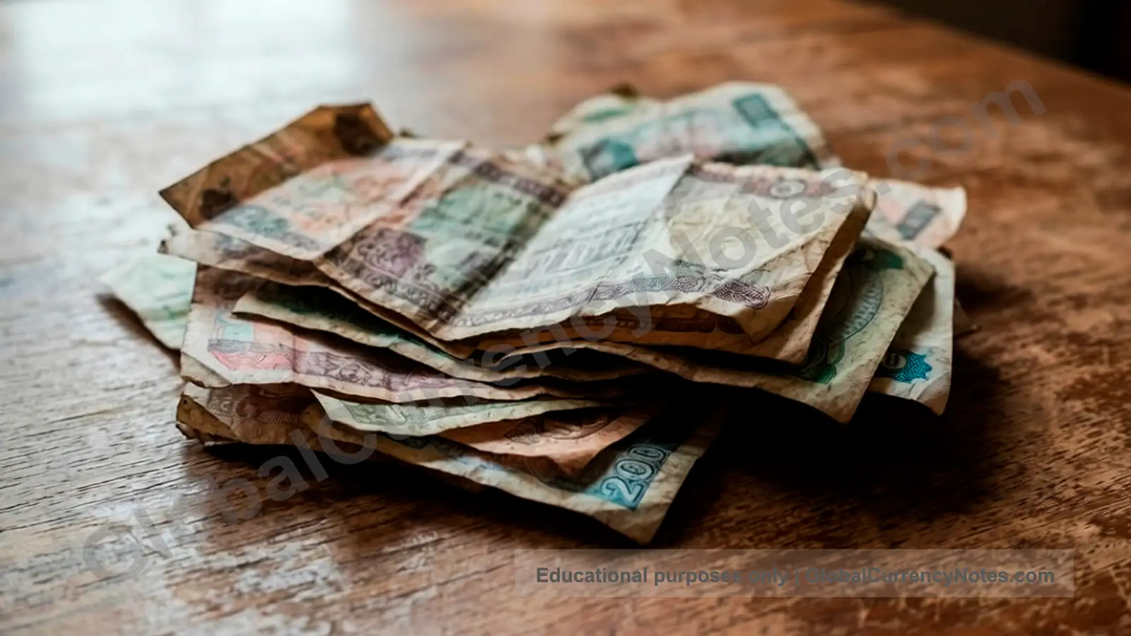 How long do banknotes last: worn notes showing circulation wear patterns and damage