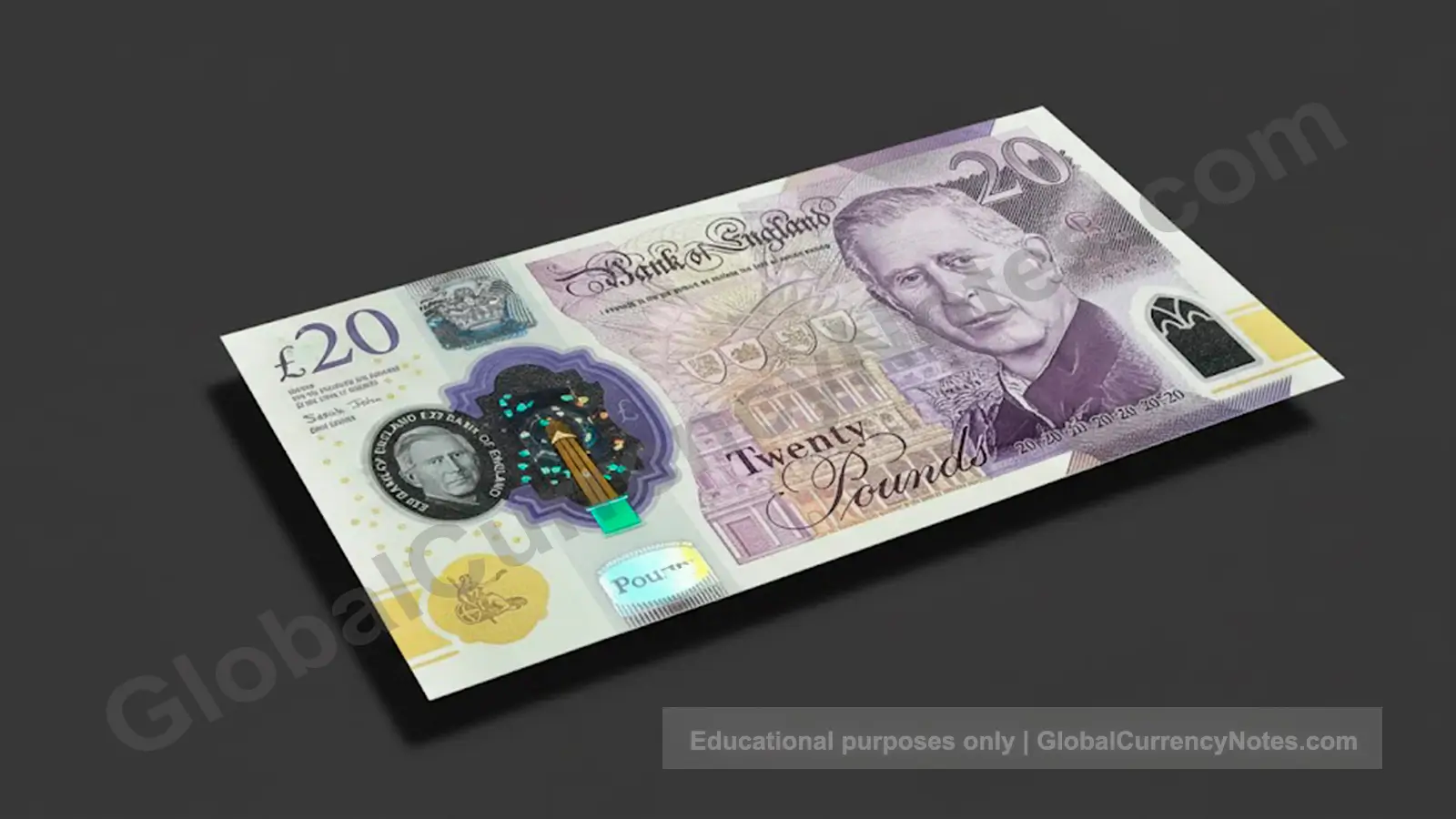 King Charles III £20 polymer banknote showing updated monarch portrait with transparent window and security features