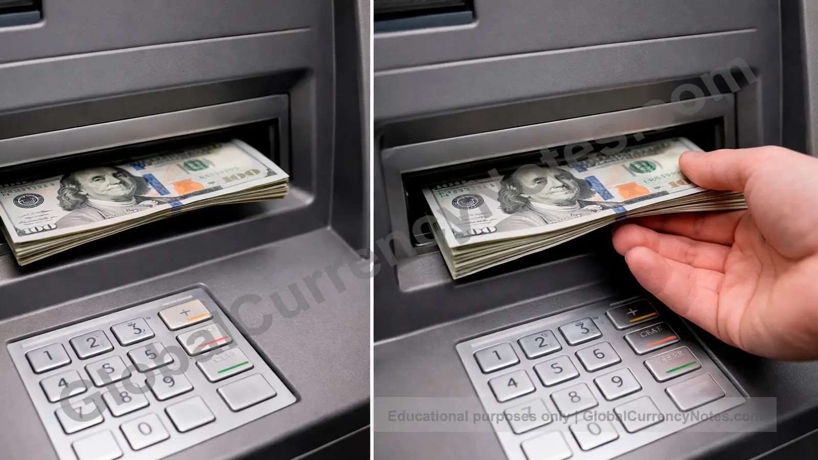 ATM machine dispensing banknotes showing primary channel for currency entering public circulation