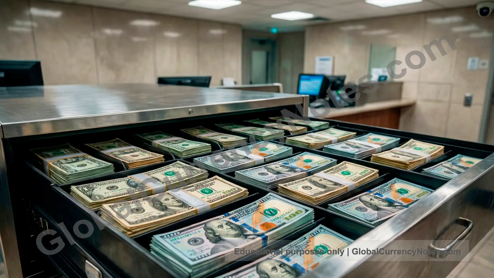 Bank teller operations showing commercial distribution point where banknotes enter public circulation