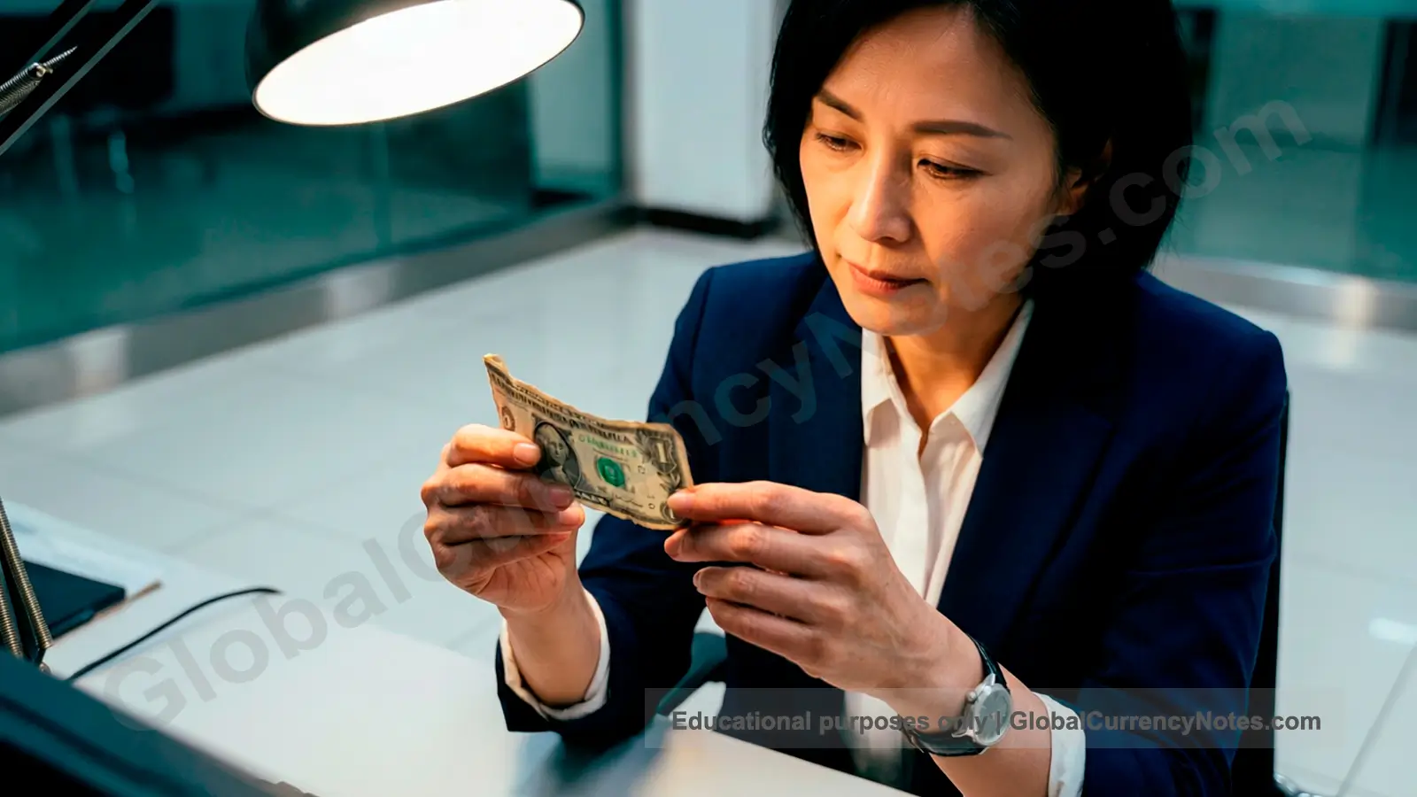 Bank teller examining worn banknote to assess acceptability under institutional guidelines