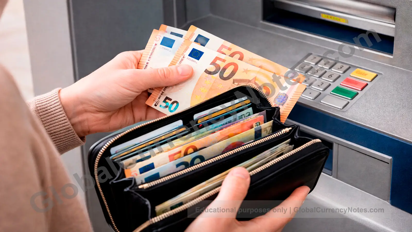 Banknote size and color differences enabling practical organization in everyday wallet use