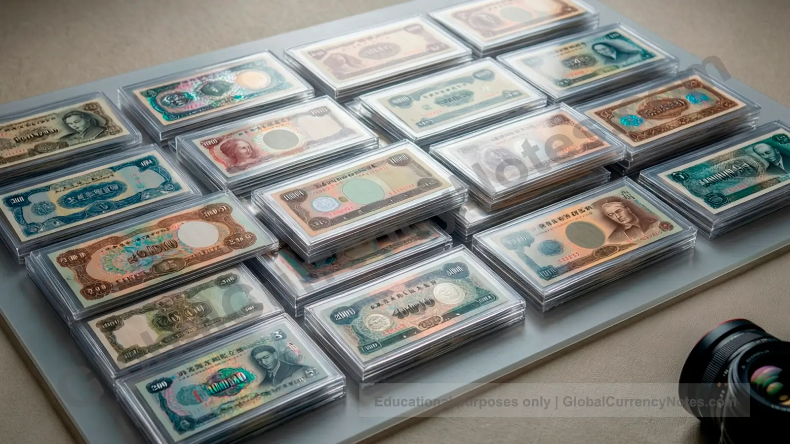 Collectible commemorative banknotes preserved in protective archival holders for long-term storage