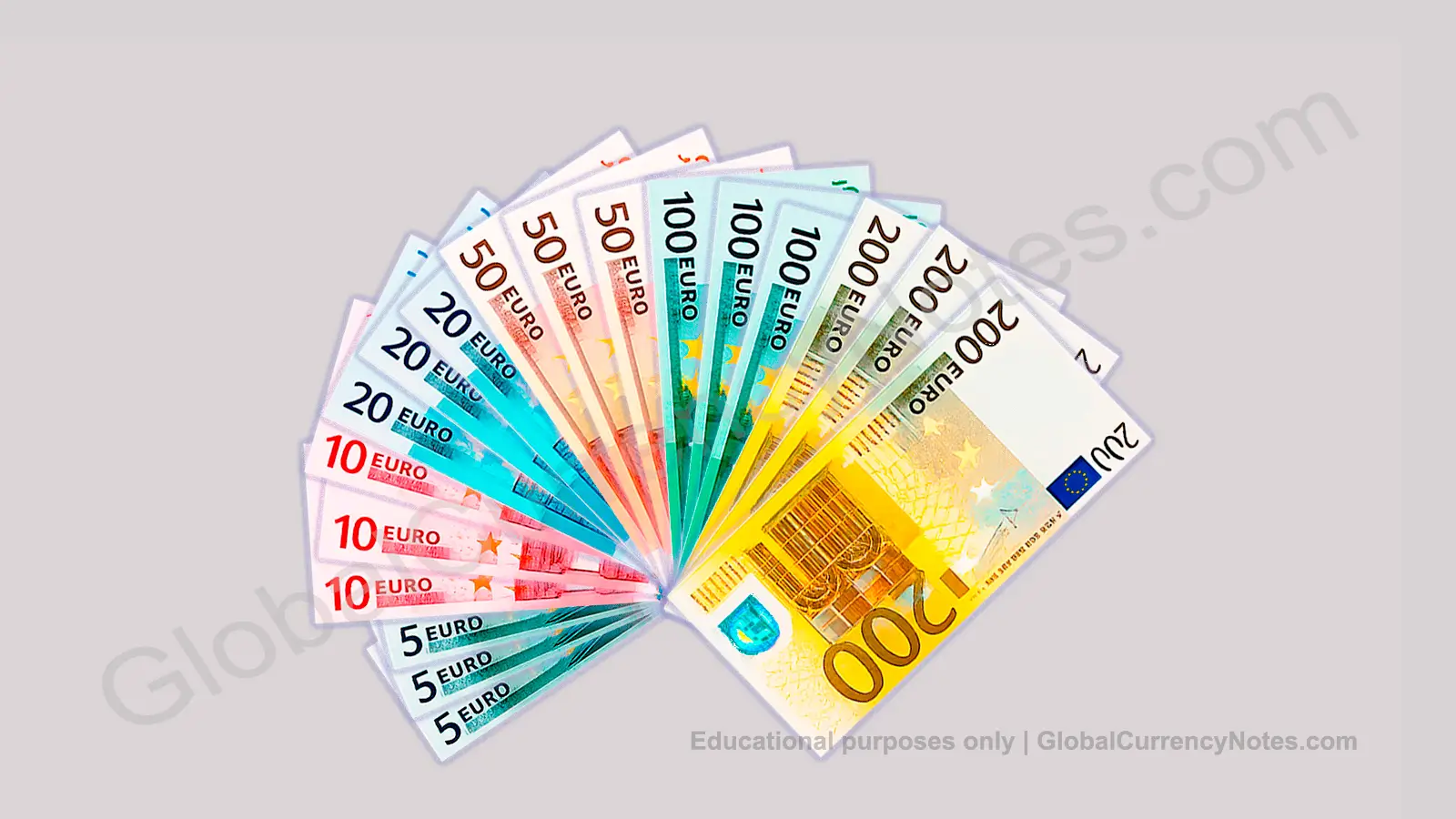 Euro banknotes arranged in color wheel pattern showing different denominations from grey €5 to yellow €200 demonstrating color spectrum principles in currency design