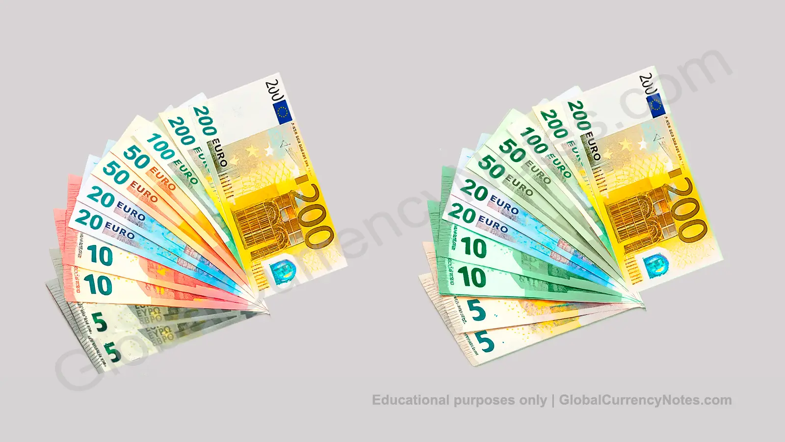 Comparison showing how banknote colors appear to normal vision versus color blindness, demonstrating accessibility challenges and design solutions in currency systems
