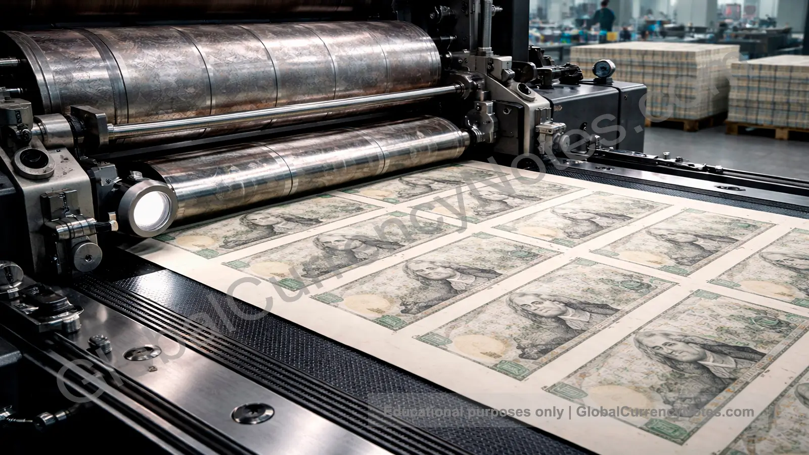 Industrial banknote printing machinery using intaglio and offset lithography techniques
