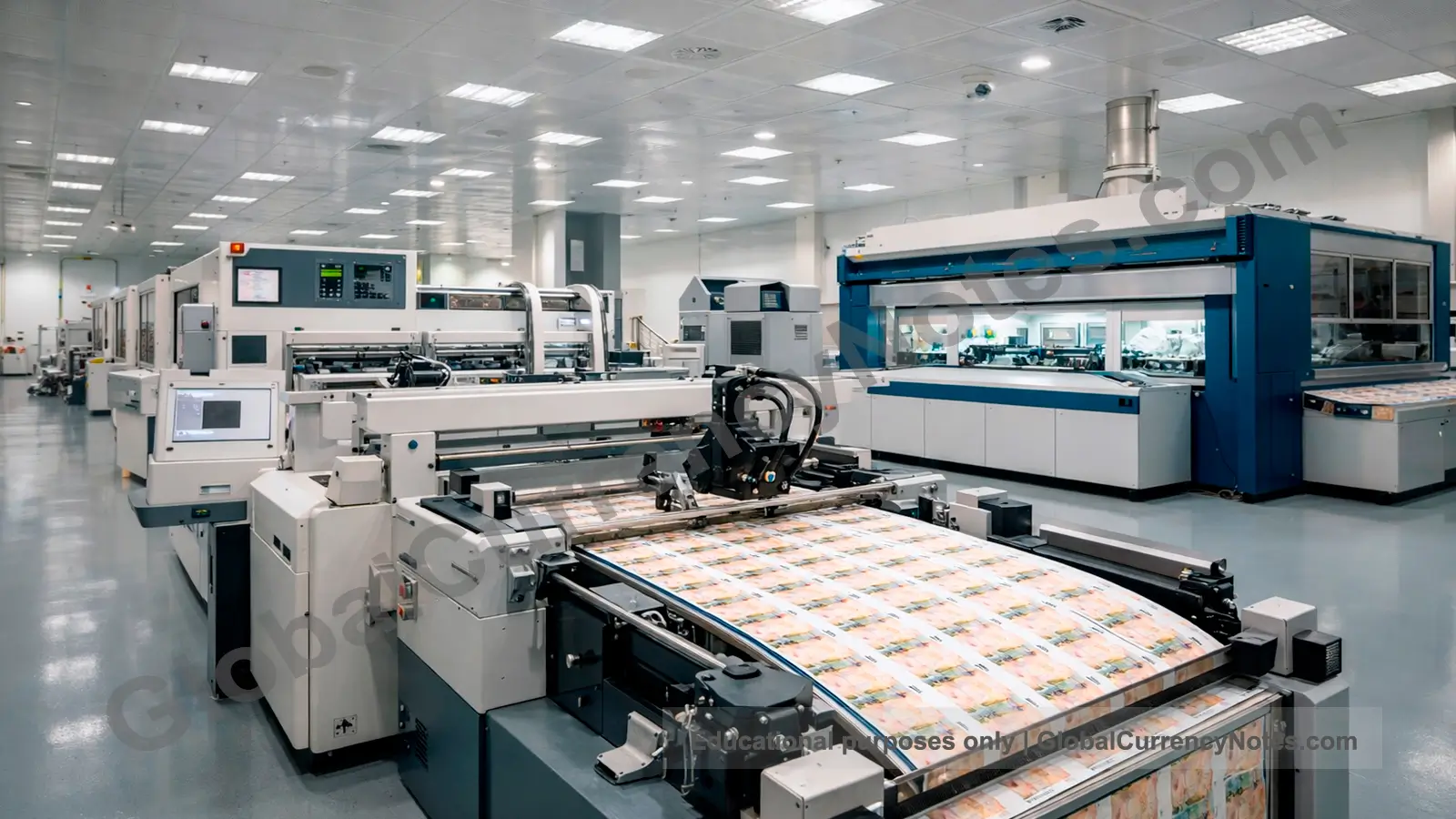 High-security banknote printing facility showing modern currency production and issuance process