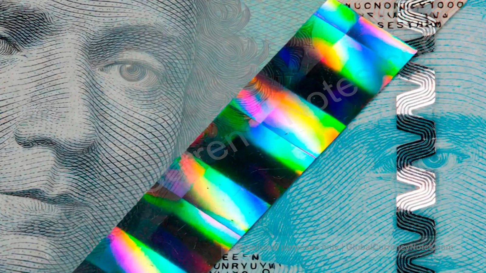 Modern banknote security features including watermark hologram security thread and microprinting under magnification