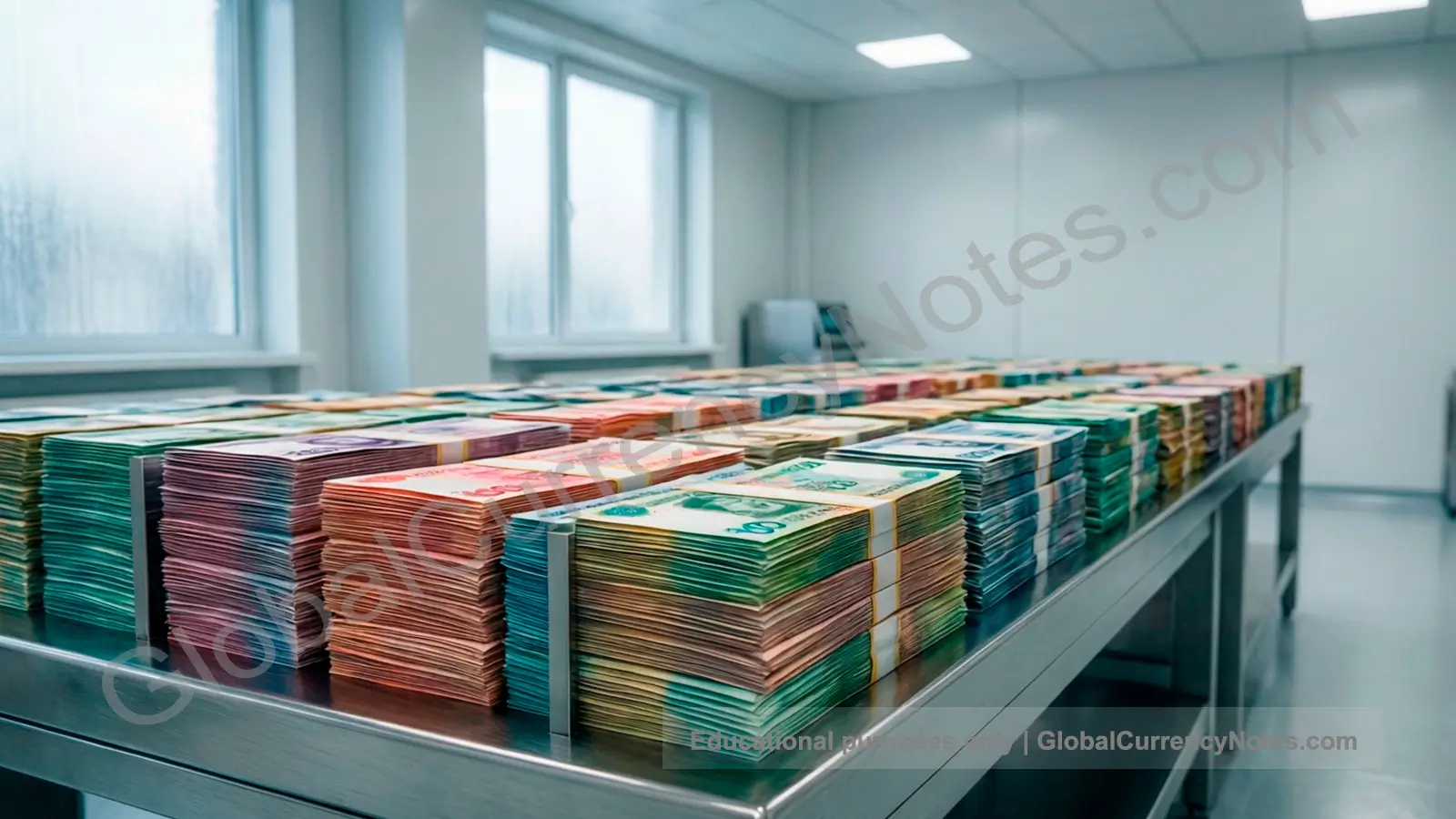 Freshly printed banknotes being inspected, sorted, and prepared for distribution and circulation