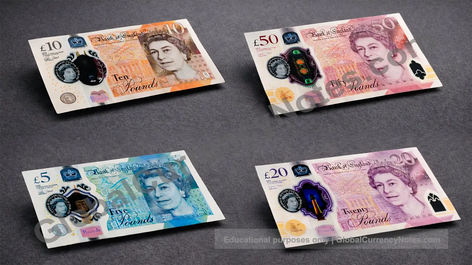 British pound banknotes: all four polymer denominations from £5 to £50 with transparent security windows