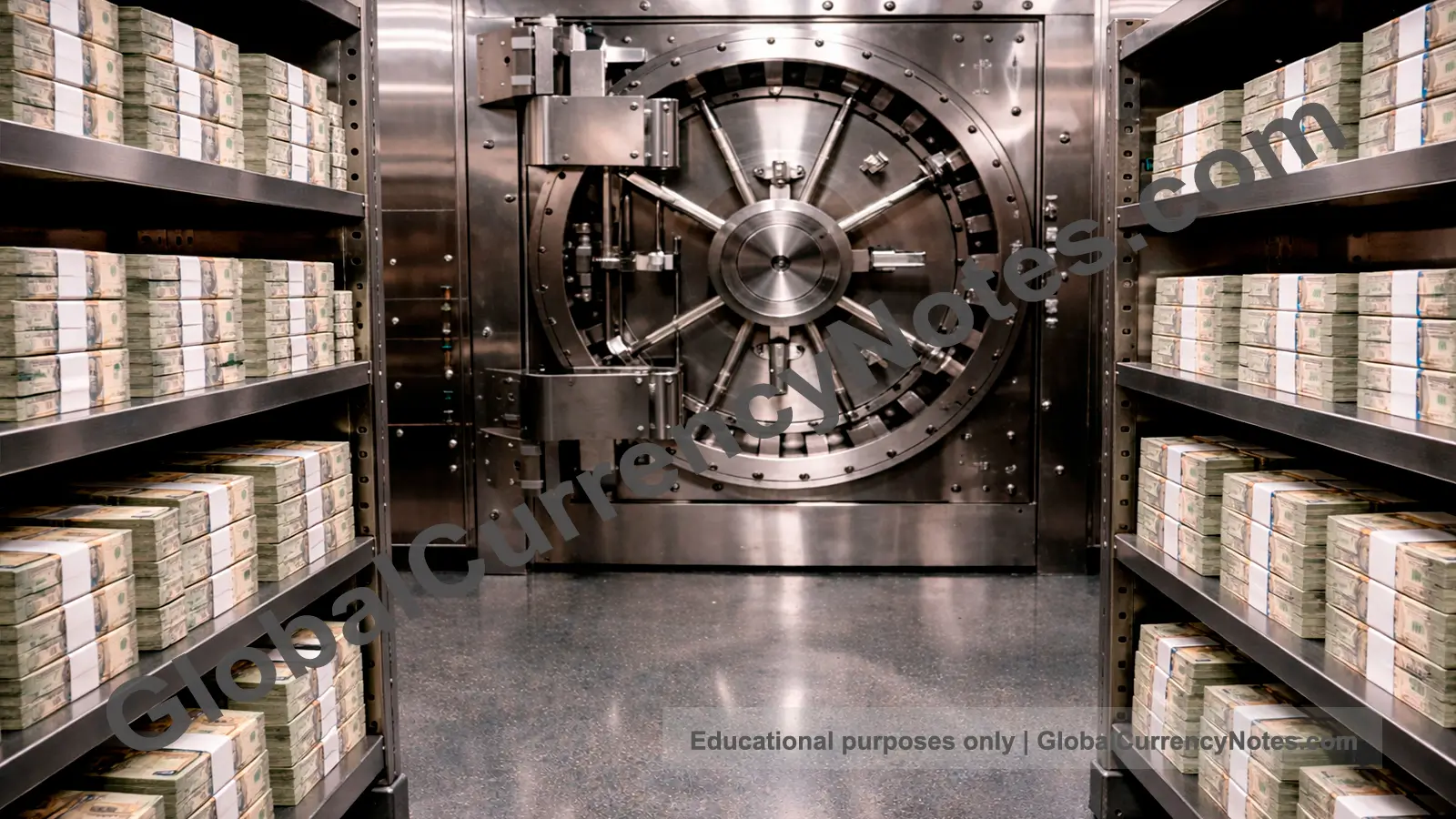 How banknotes enter circulation: central bank secure vault with new currency ready for distribution