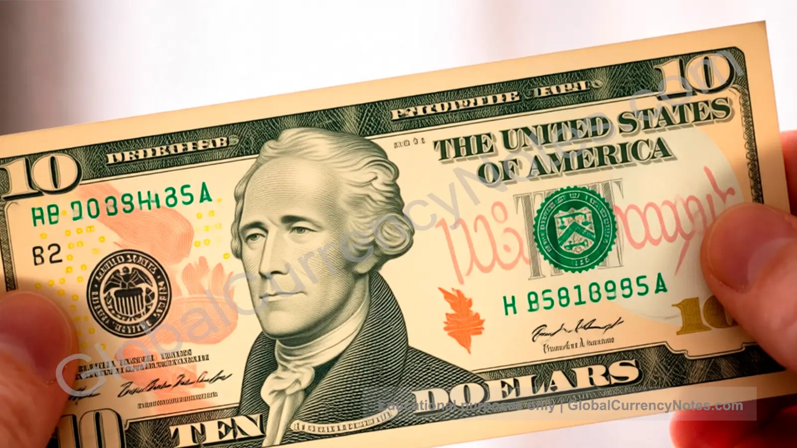 Person checking banknote security features by hand using feel look tilt method