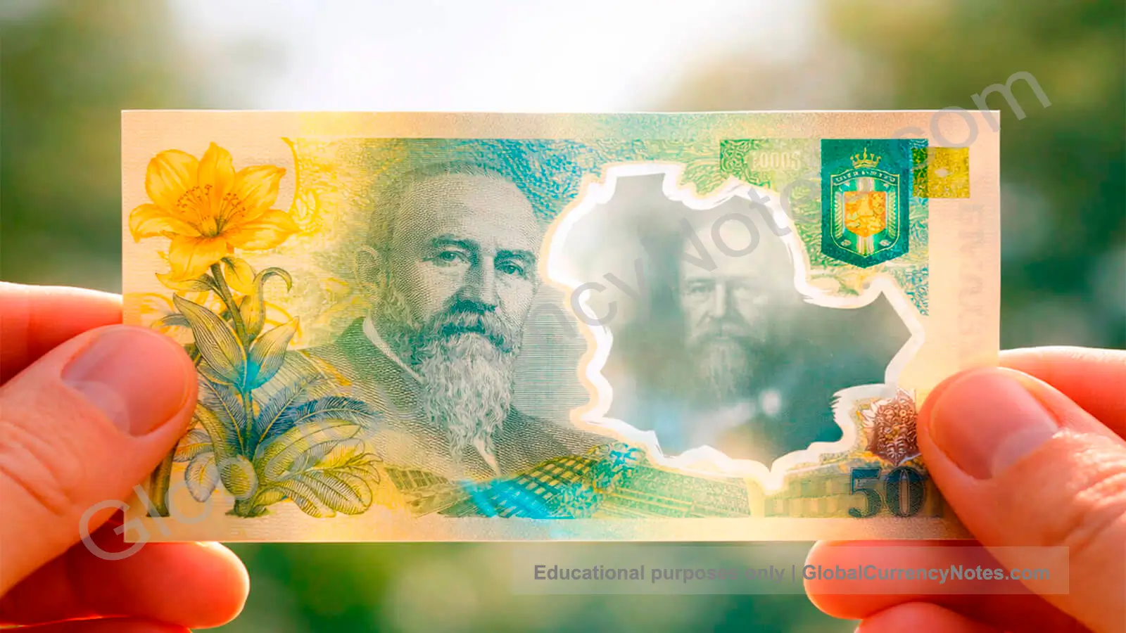 Examining polymer banknote transparency and security features by hand against light