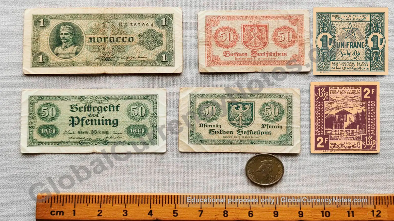 Emergency currency examples: Morocco 1 franc and German Notgeld small banknotes from WWI-WWII era issued during metal shortages