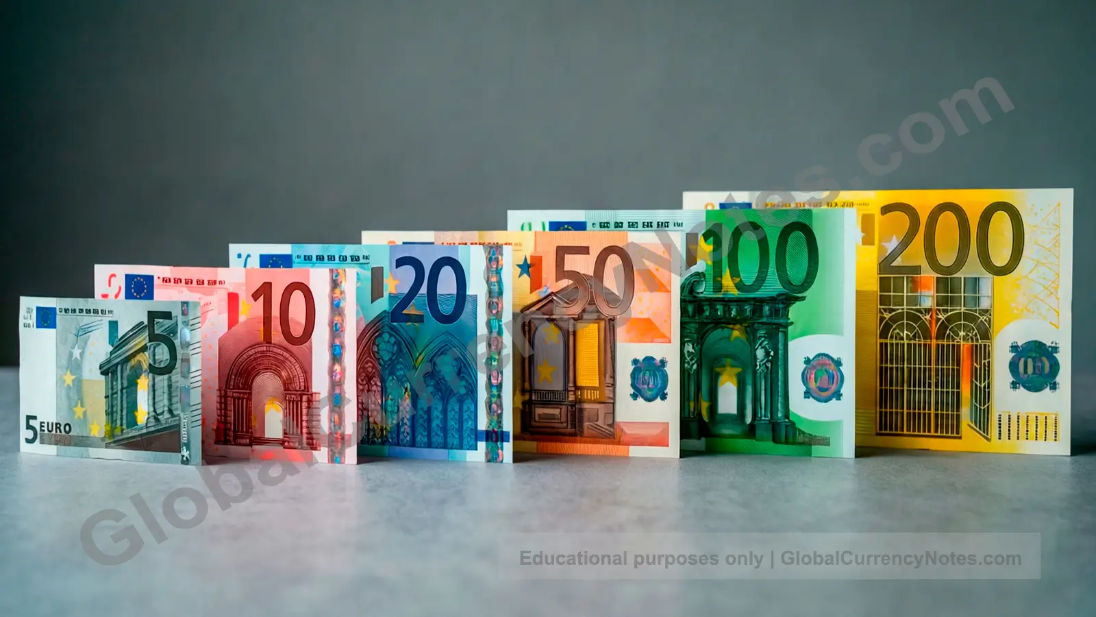 Euro banknotes guide: all denominations from five to two hundred euros showing Europa series security features