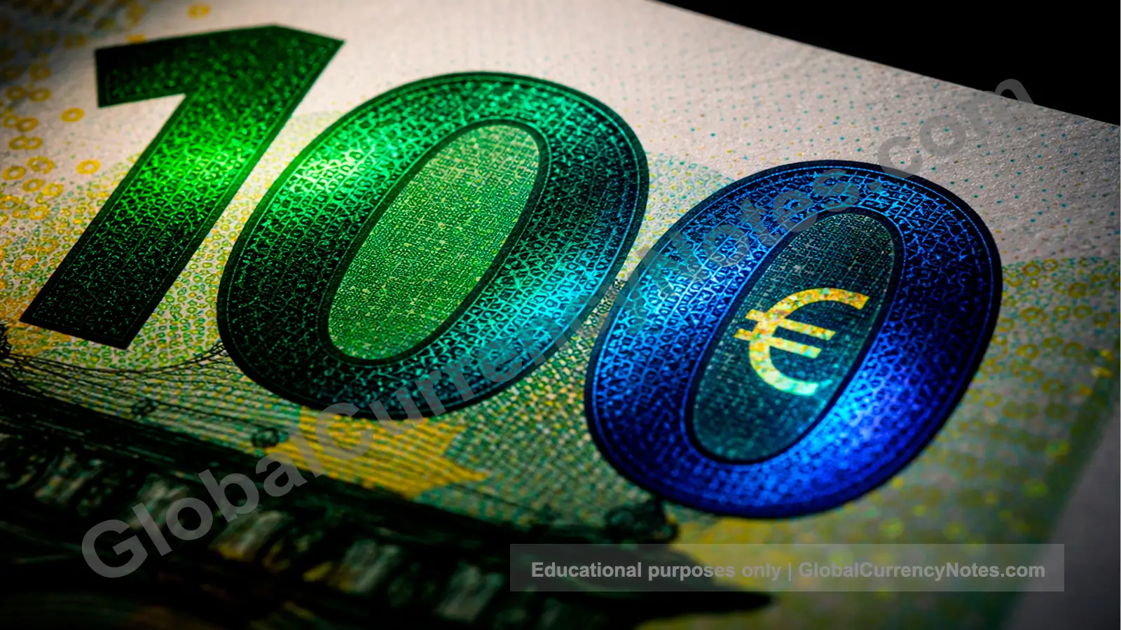 Euro banknotes security: close-up of emerald number showing color-shifting holographic effect