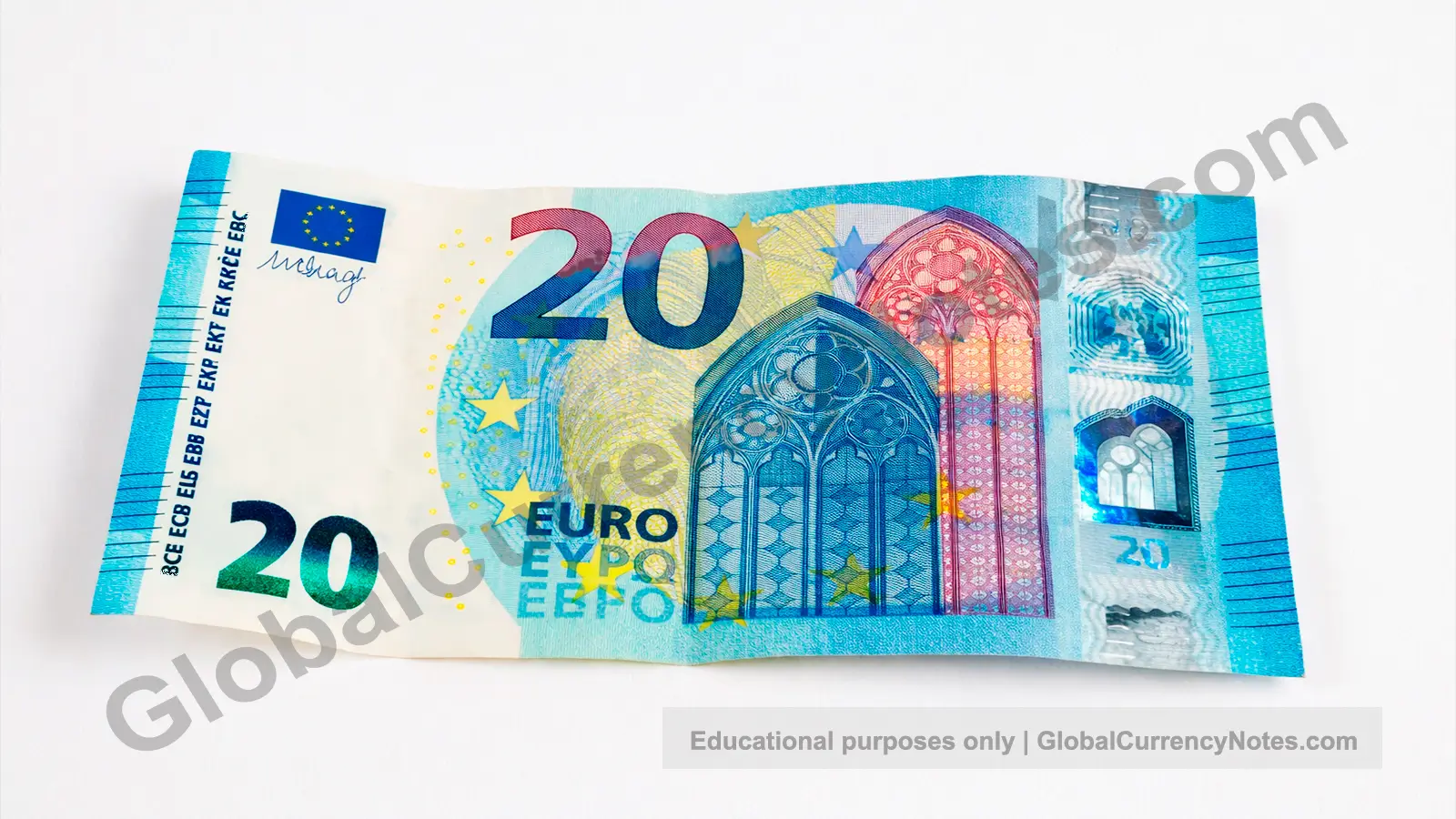 Euro twenty banknote from Europa series showing multiple security features including emerald number and holographic stripe