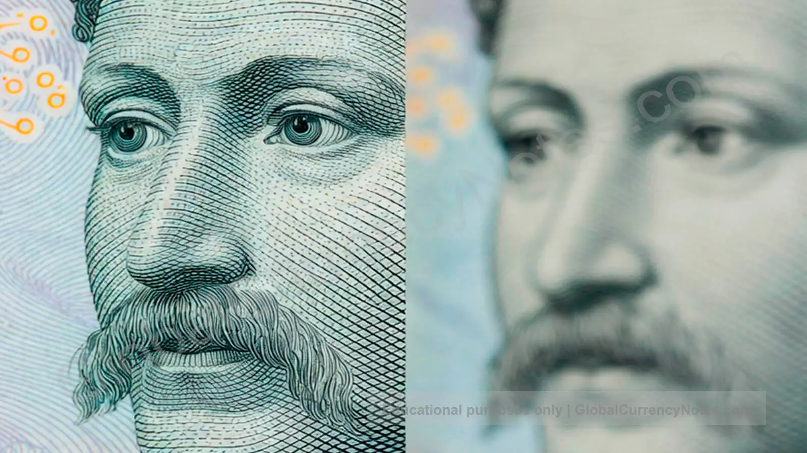 Side by side comparison of fake versus real banknote showing security feature differences