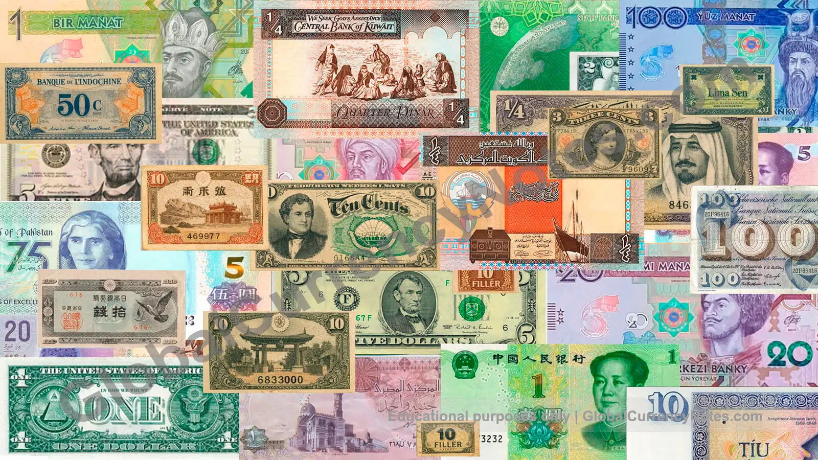 Collection of smallest banknotes including fractional currency and small denomination notes from various countries showing practical compact currency formats