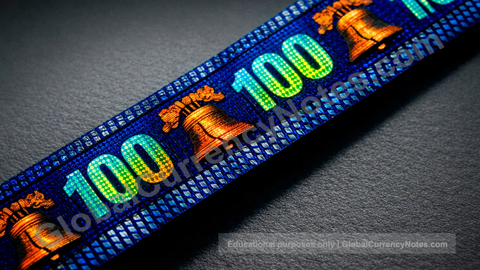 US dollar security features: close-up of 3D security ribbon on one hundred dollar bill with holographic elements