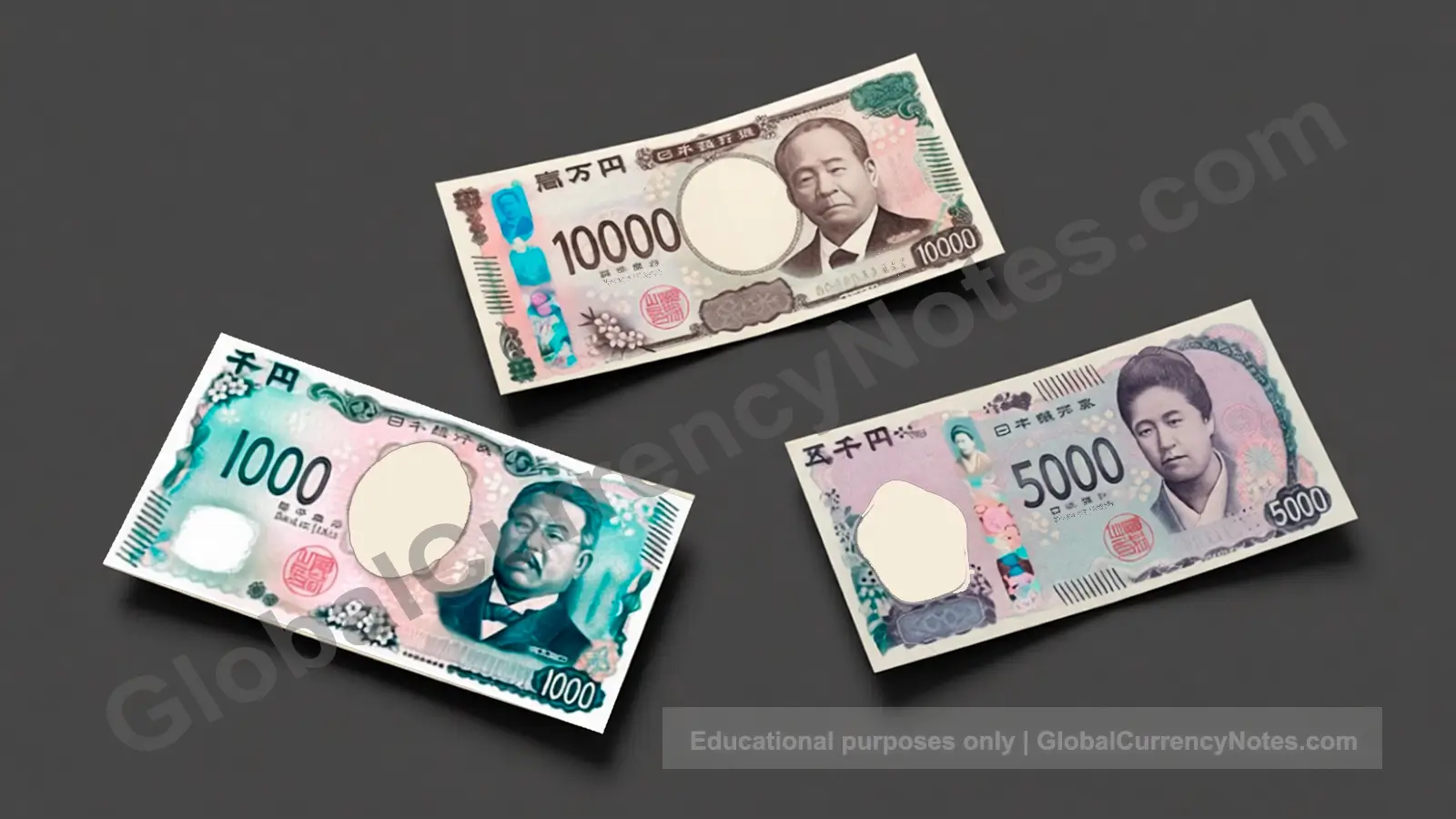 Japanese yen banknotes: Series F showing three denominations ¥1000, ¥5000, ¥10000 with advanced holographic security