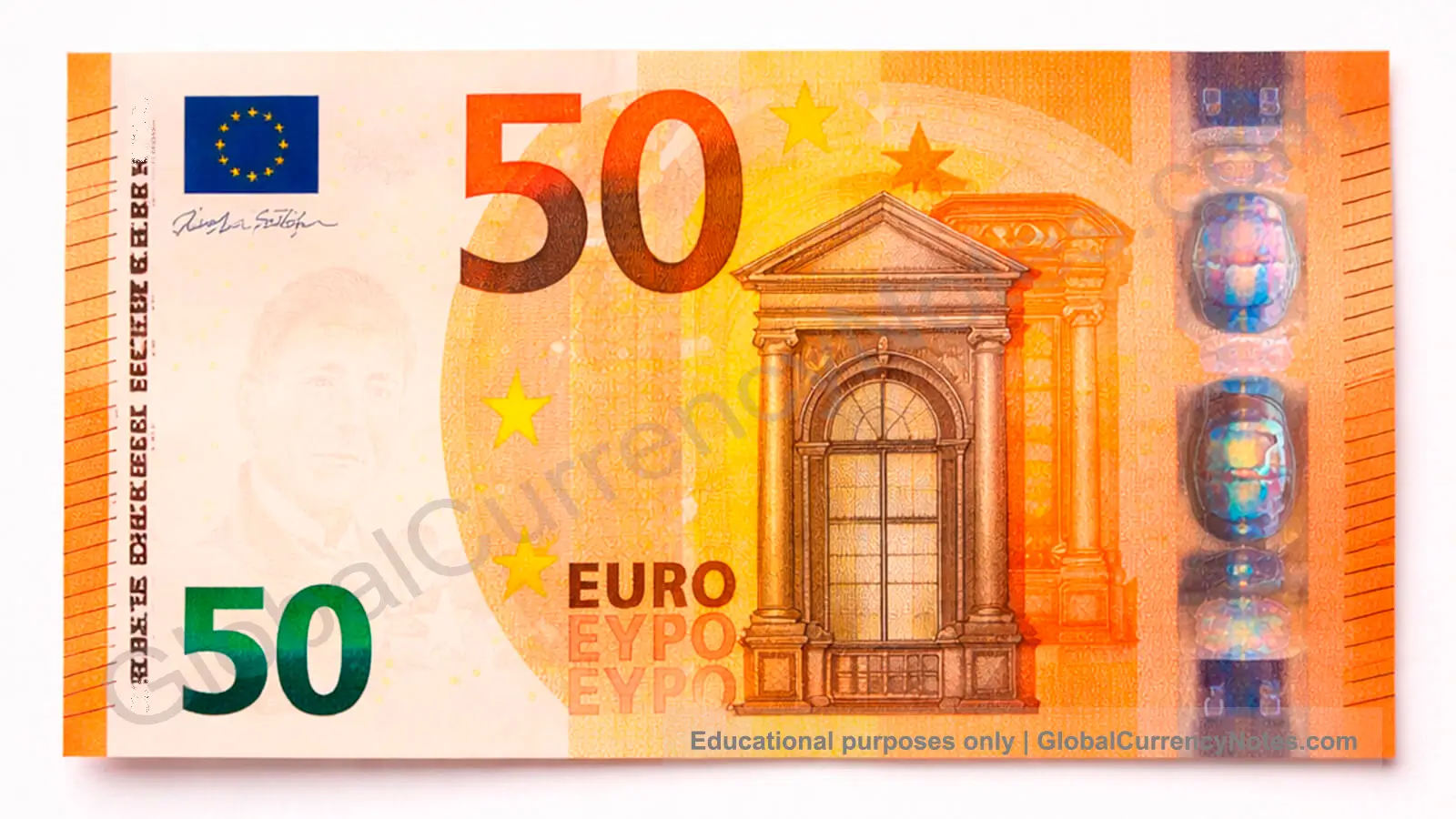 Modern banknote displaying multiple visible security features including watermark hologram and security thread