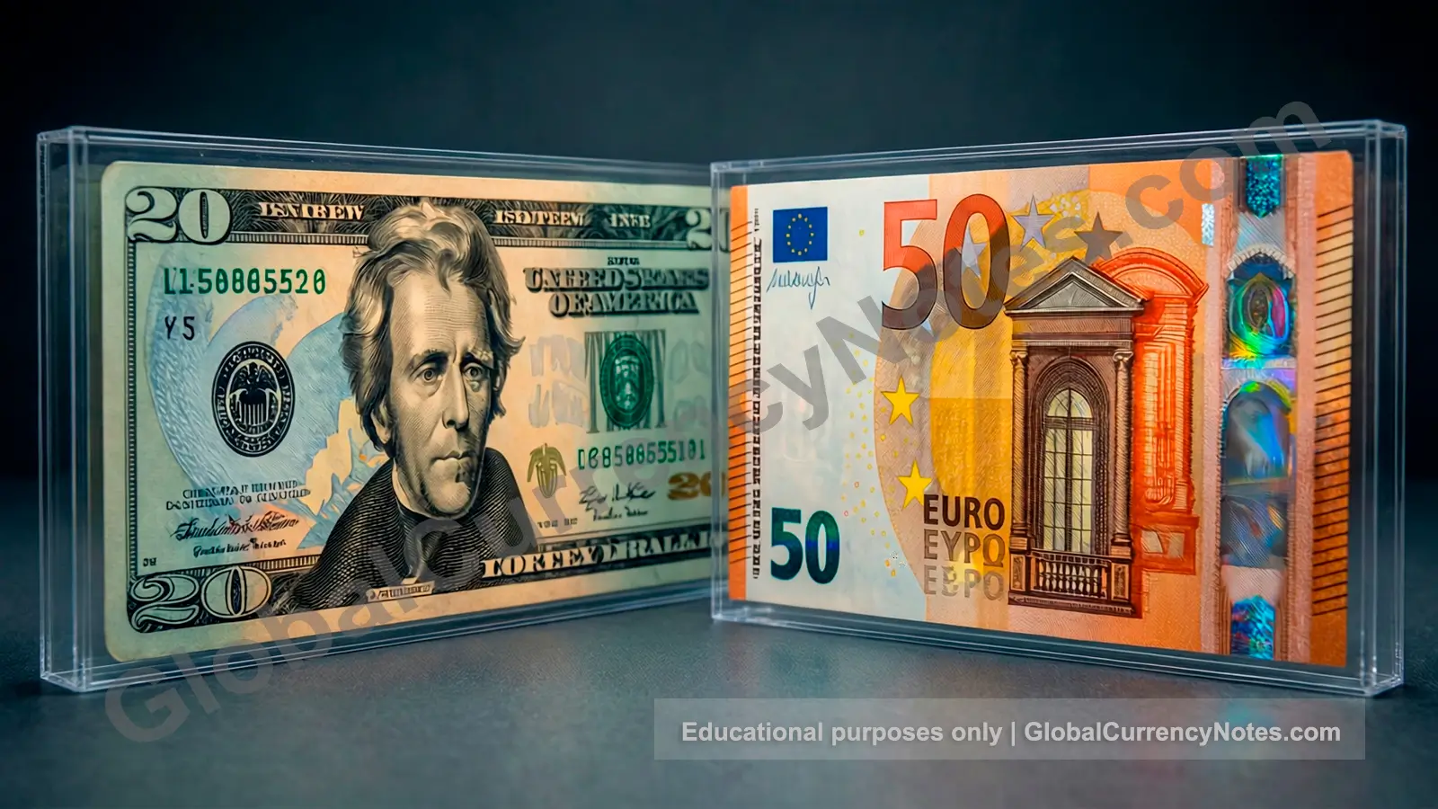 Most counterfeited banknotes: US $20 bill and Euro €50 note, the world's most commonly targeted currency denominations