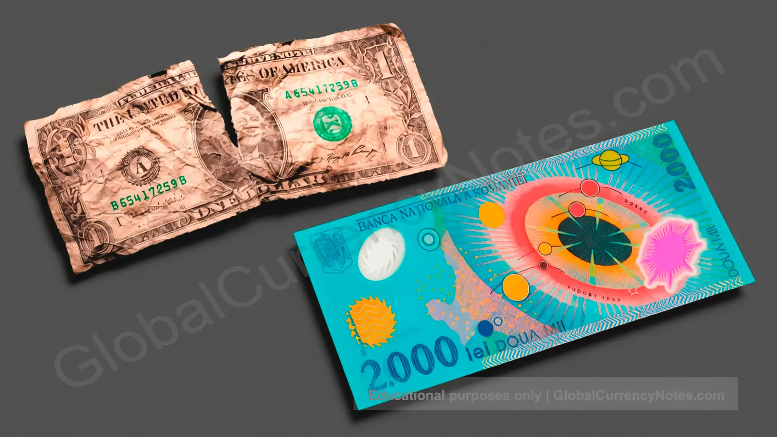 Paper banknote versus polymer banknote side-by-side comparison showing texture and material differences
