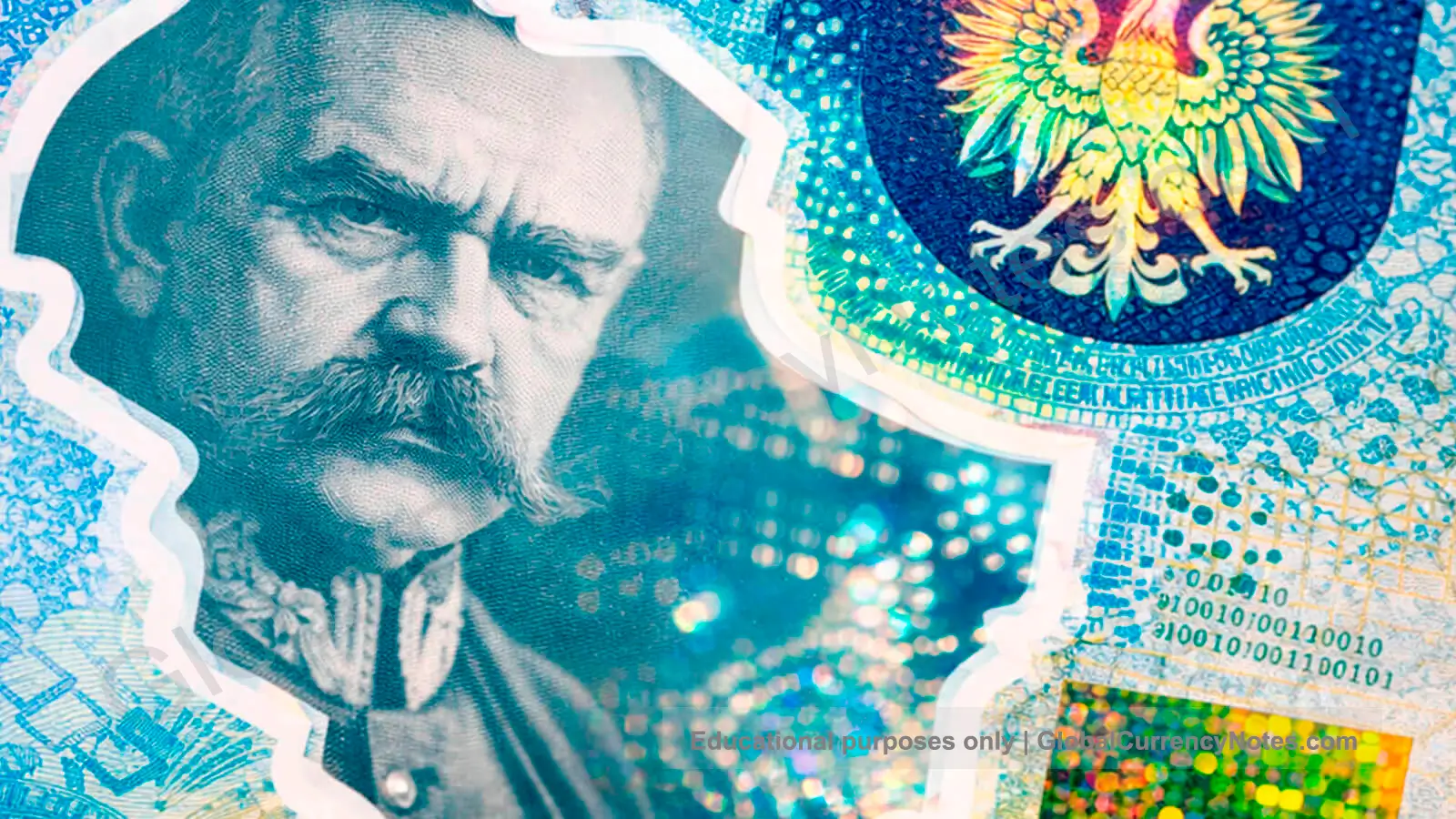 Detailed close-up view of polymer banknote security features including transparent window and holographic elements