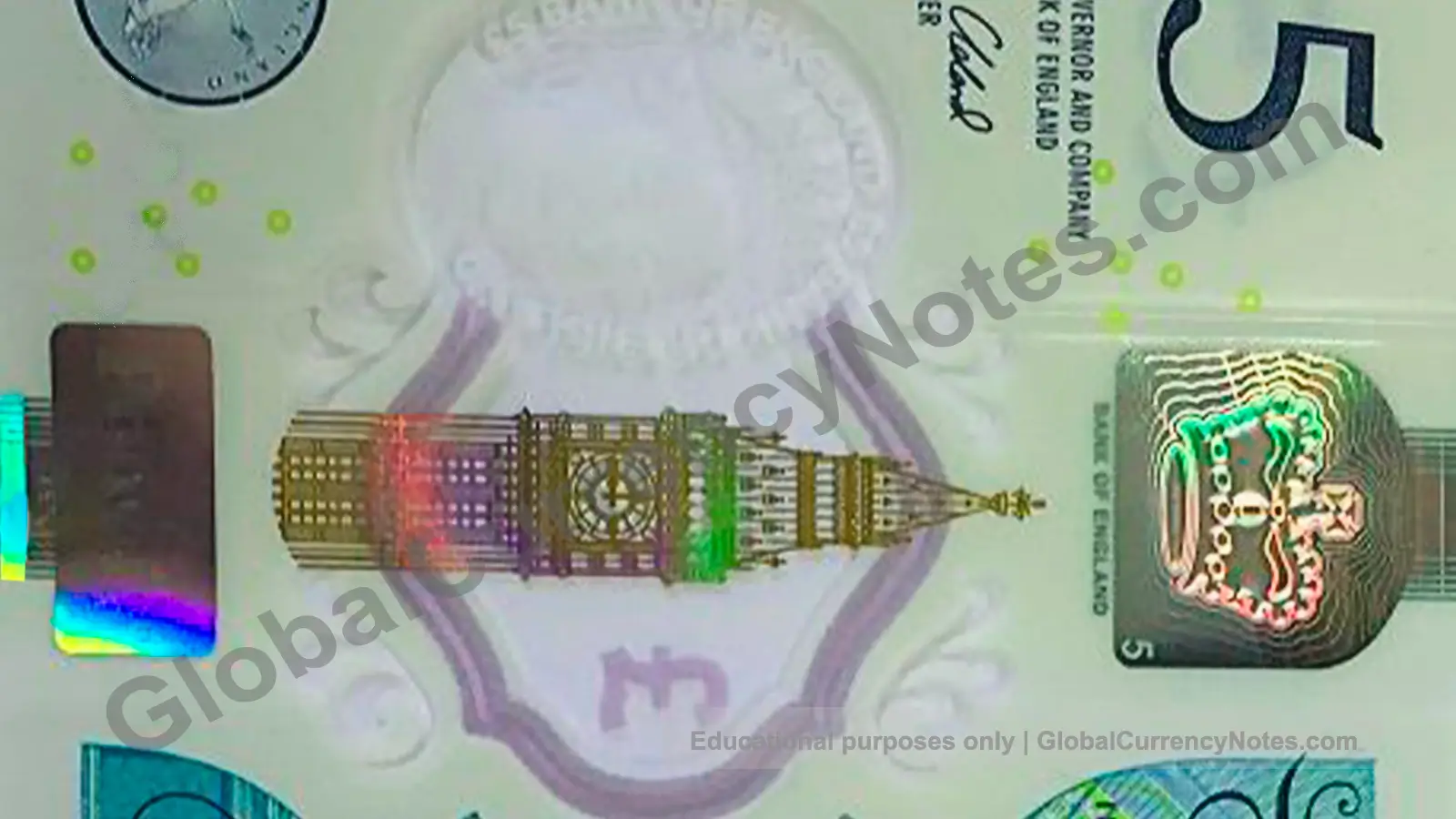 Demonstrating British pound banknote authentication: holographic foil security feature showing color-changing verification