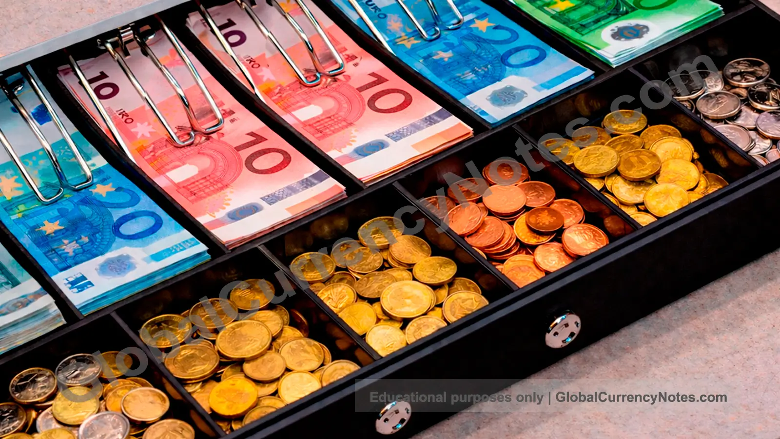 Store cash register with legal tender banknotes showing currency acceptance in retail transactions