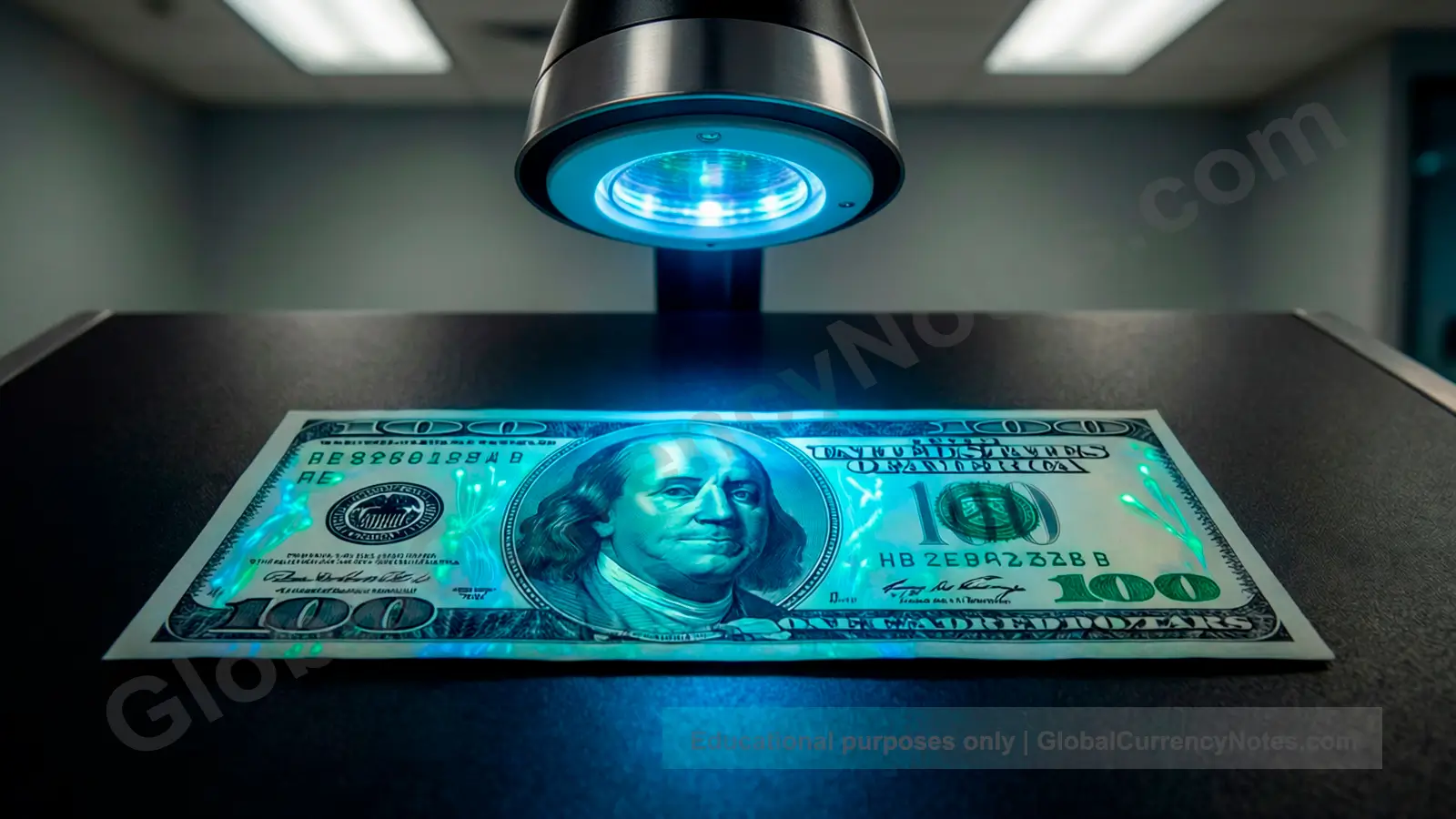 UV and IR banknote authentication: ultraviolet light revealing hidden security features