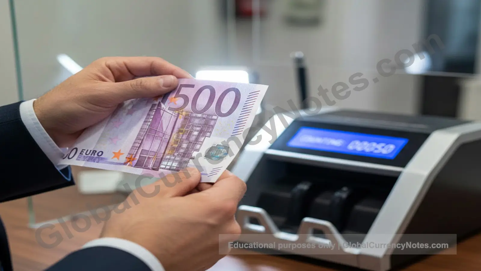 Verifying euro banknotes security features by holding note to light to check watermark and security thread