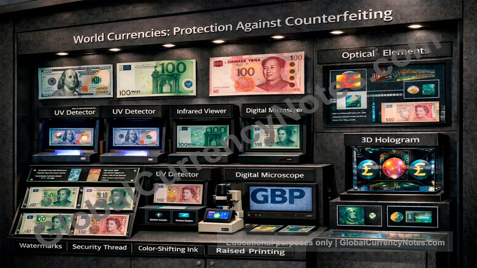 Collection of counterfeited banknotes from major world currencies displaying advanced anti-counterfeiting security features including holograms and polymer technology