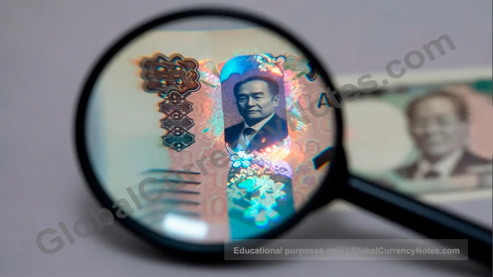 Japanese yen security features: advanced holographic portrait showing color-shifting authentication element